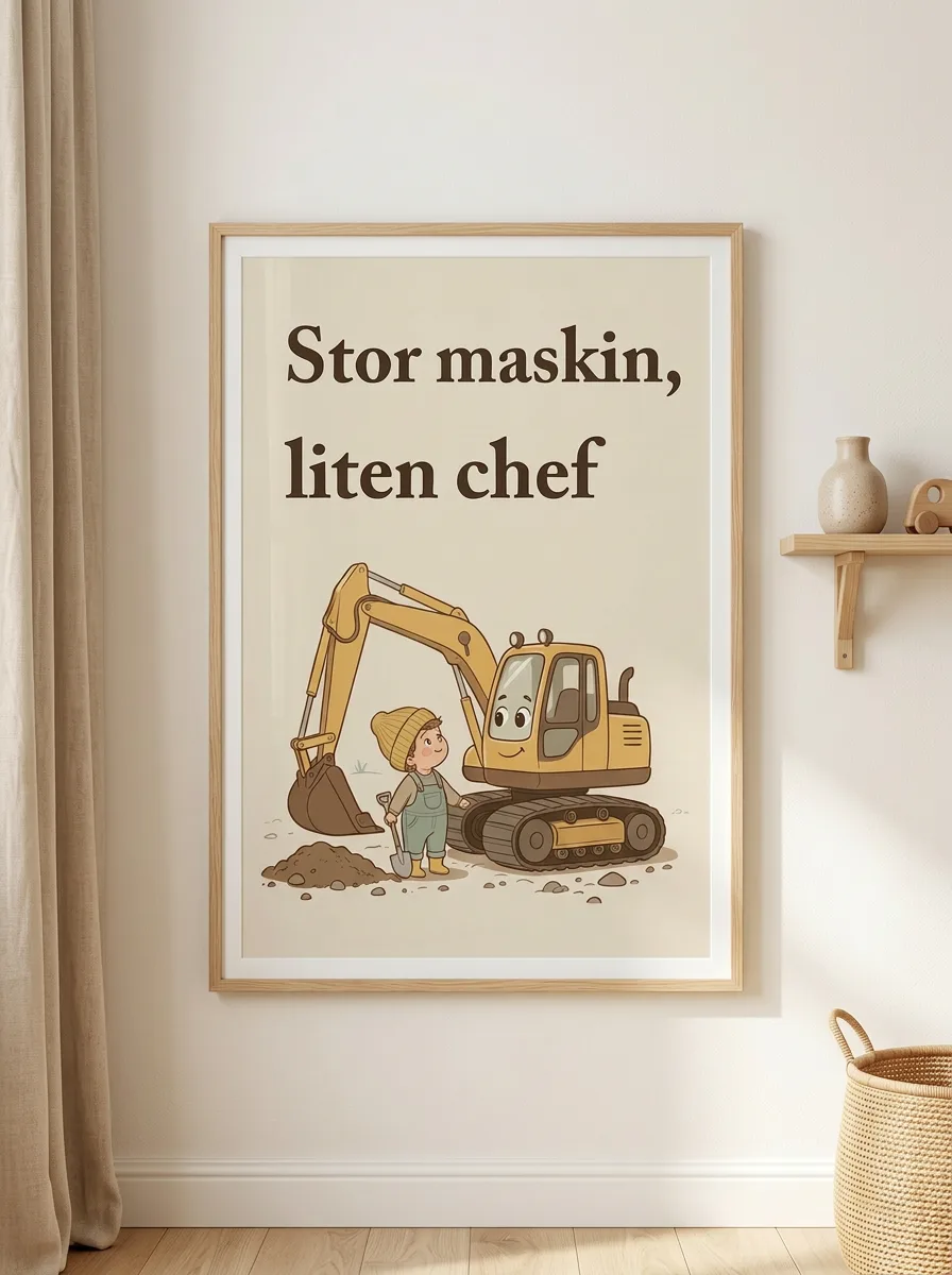 Barnrumsposter Stor maskin, liten chef inramad ovanför säng